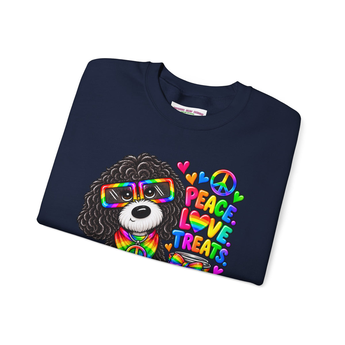 Peace, Love & Treats Dog Sweatshirt — Retro Hippie Puppy Crewneck