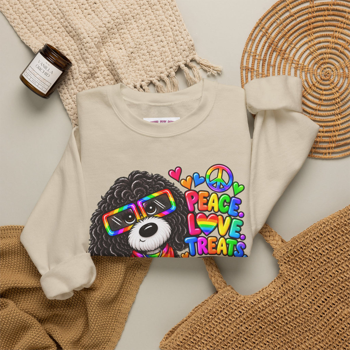Peace, Love & Treats Dog Sweatshirt — Retro Hippie Puppy Crewneck