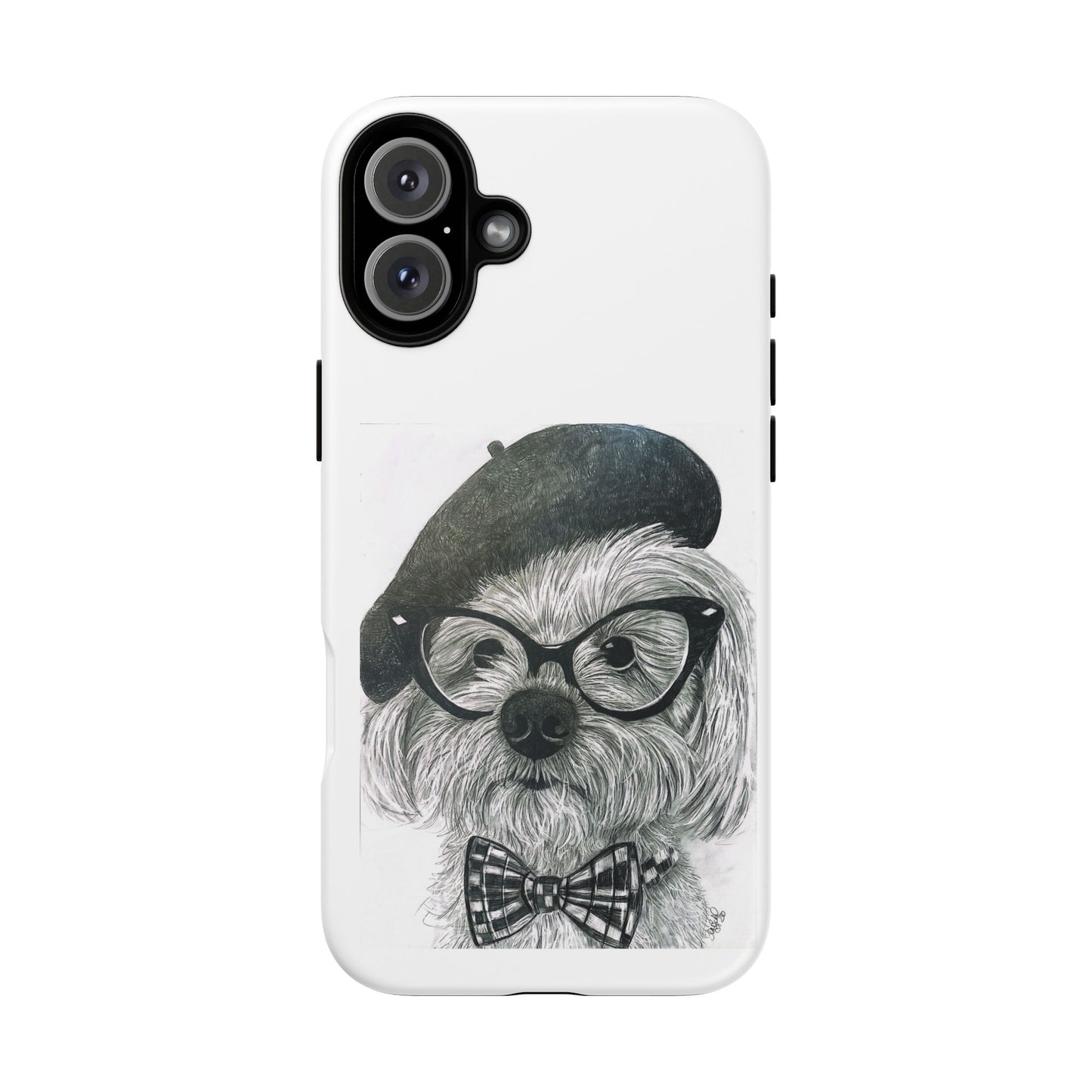 Dog Portrait Phone Case — Dexter with Beret, Glasses & Bow Tie