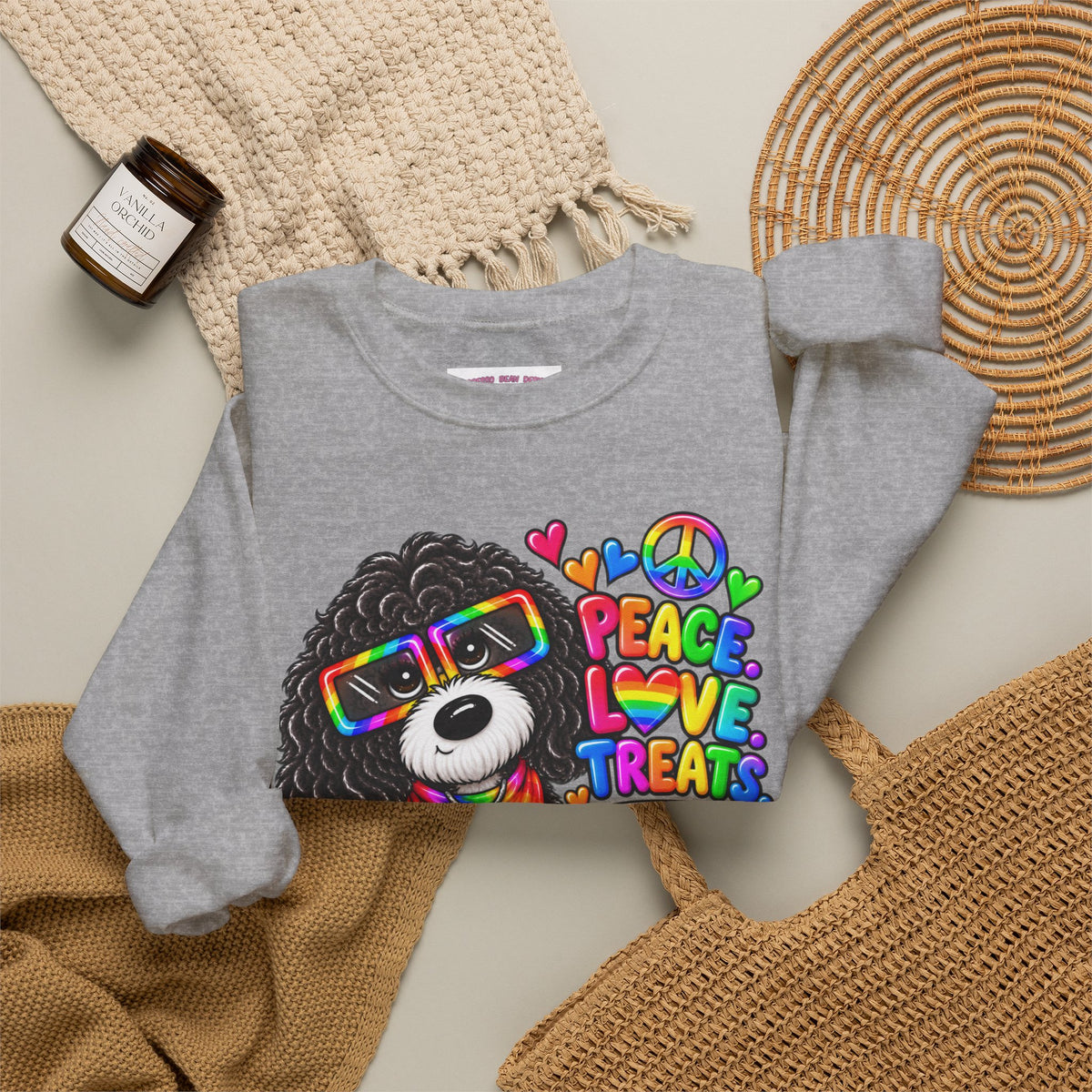 Peace, Love & Treats Dog Sweatshirt — Retro Hippie Puppy Crewneck