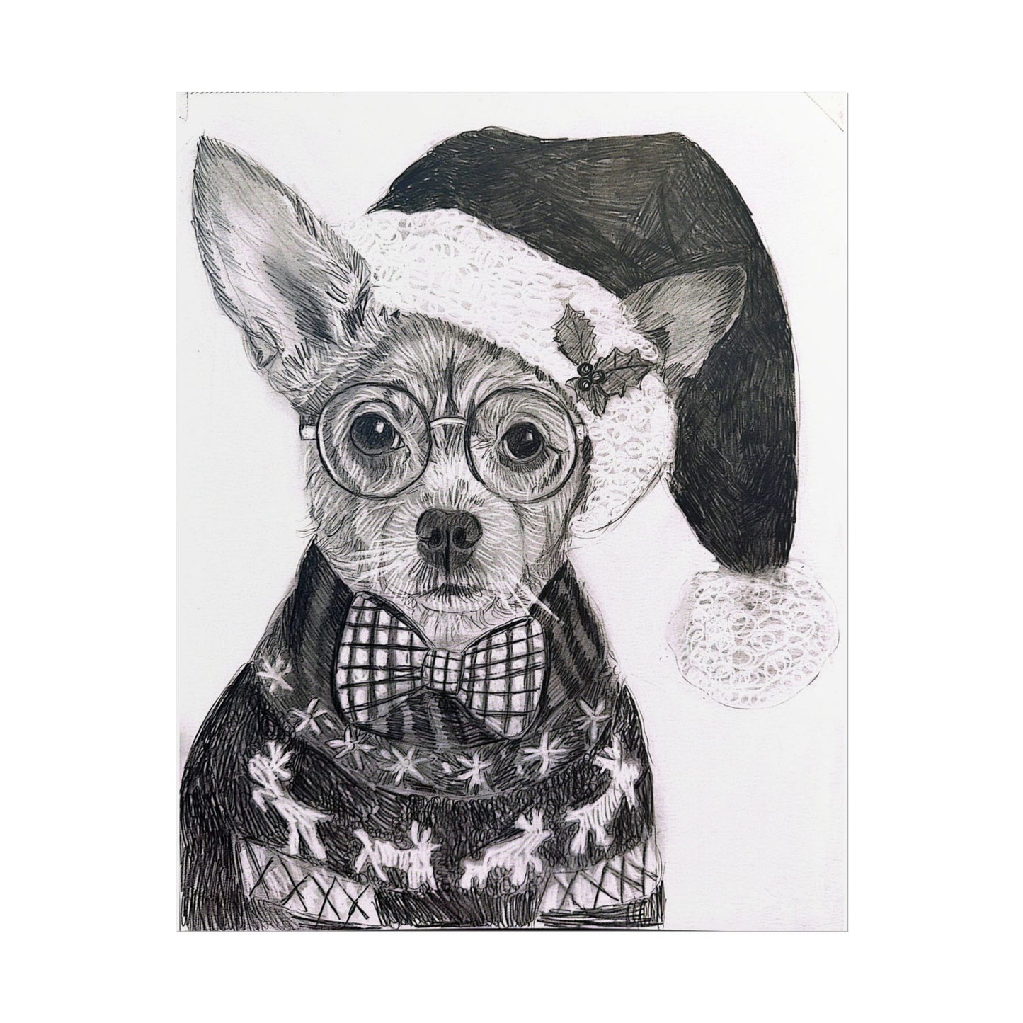 Brutus in Santa Hat Rolled Poster — Holiday Dog Art Print
