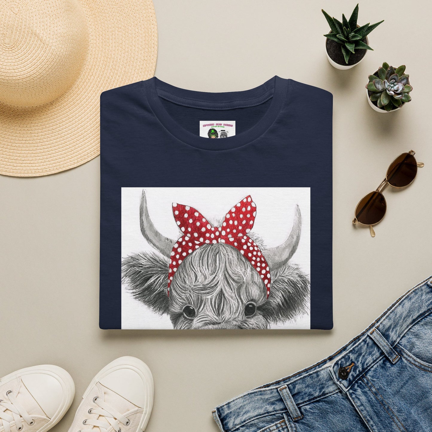Highland Cow T-Shirt — Cute Cow Face with Red Polka Dot Bandana