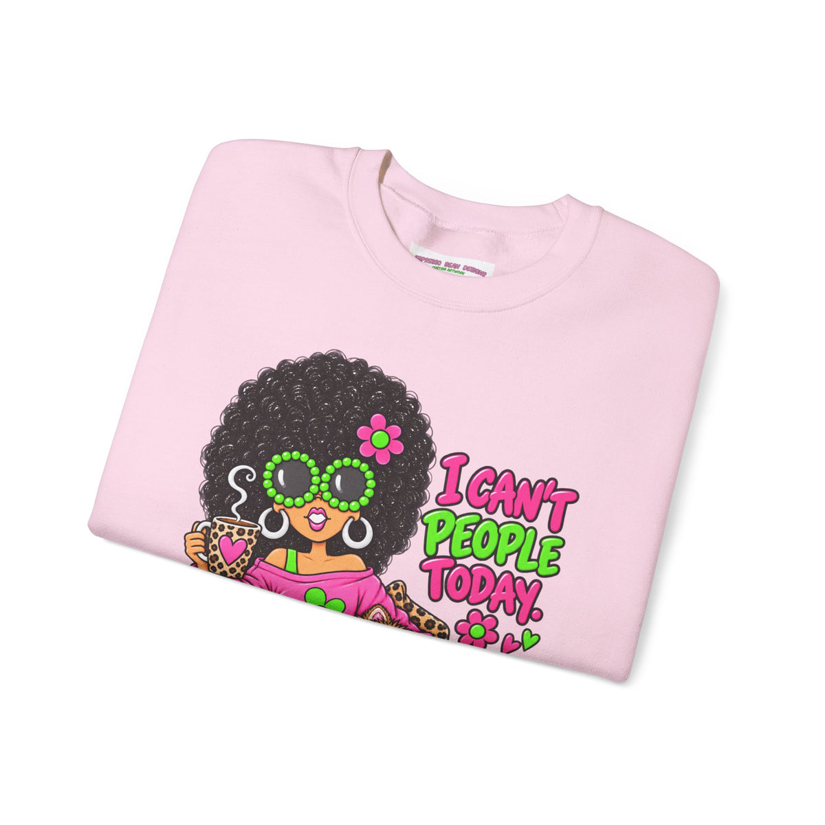 Crewneck Sweatshirt — Retro 'I Can't People Today' Girl & Leopard Graphic