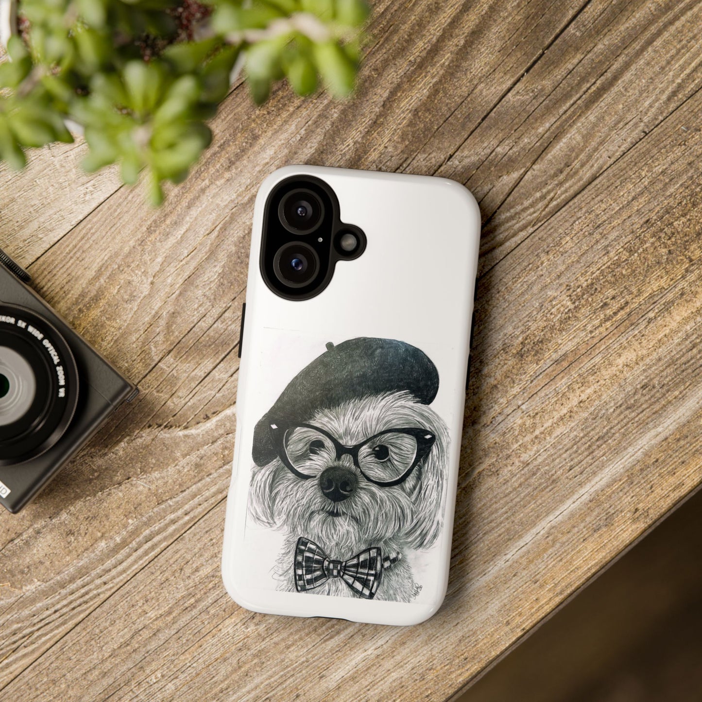 Dog Portrait Phone Case — Dexter with Beret, Glasses & Bow Tie