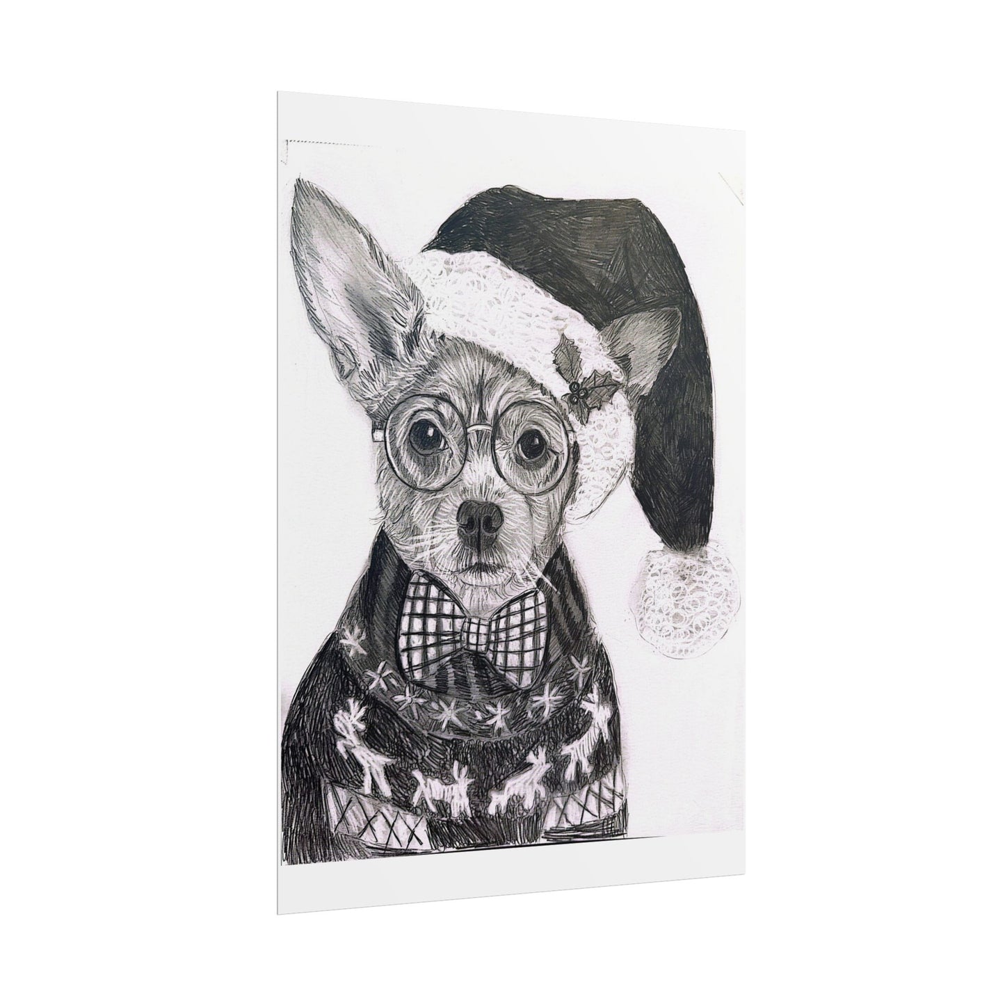 Brutus in Santa Hat Rolled Poster — Holiday Dog Art Print