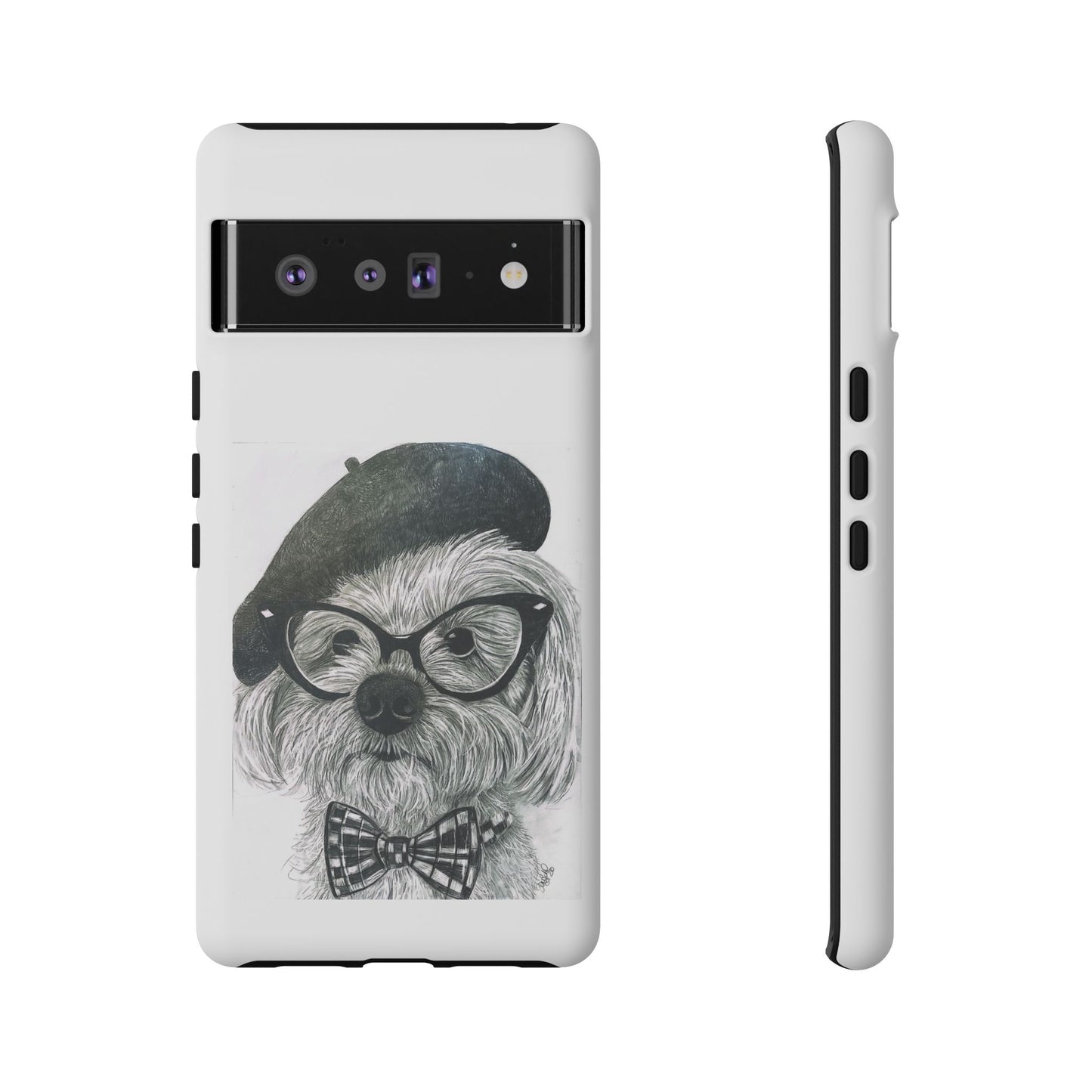 Dog Portrait Phone Case — Dexter with Beret, Glasses & Bow Tie