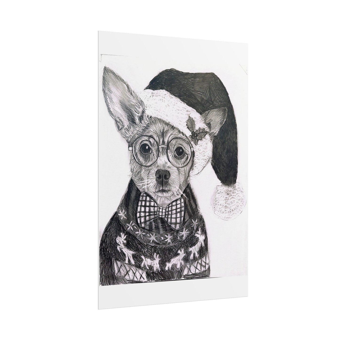 Brutus in Santa Hat Rolled Poster — Holiday Dog Art Print