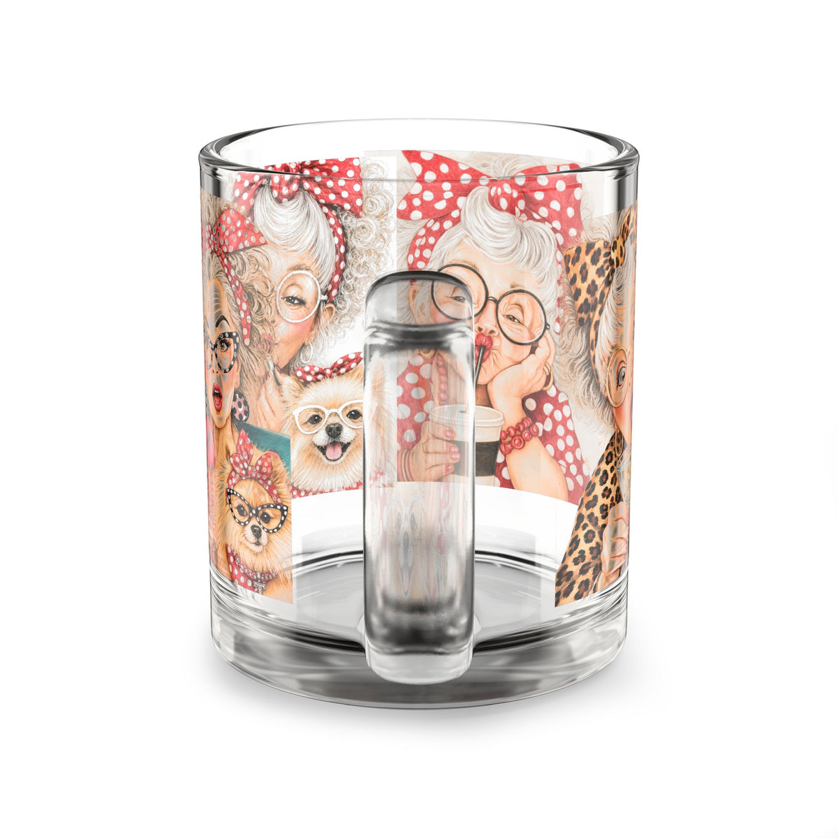 10oz Glass Mug — the faces of Perky Pearl and Latte