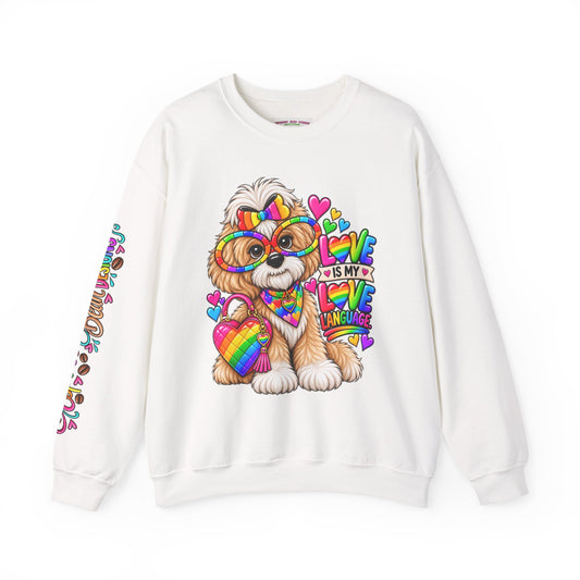 Rainbow Pup Crewneck Sweatshirt — "Love Is My Love Language" Cute Pride Dog Graphic