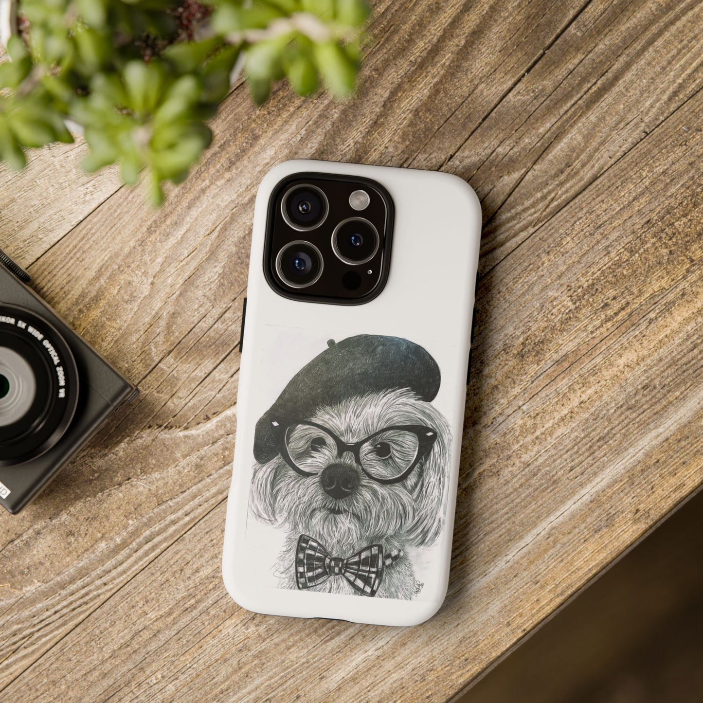 Dog Portrait Phone Case — Dexter with Beret, Glasses & Bow Tie