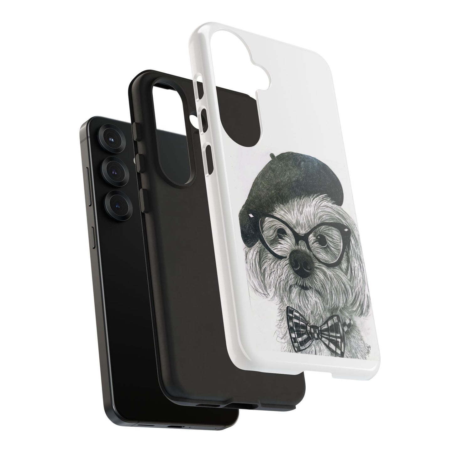 Dog Portrait Phone Case — Dexter with Beret, Glasses & Bow Tie