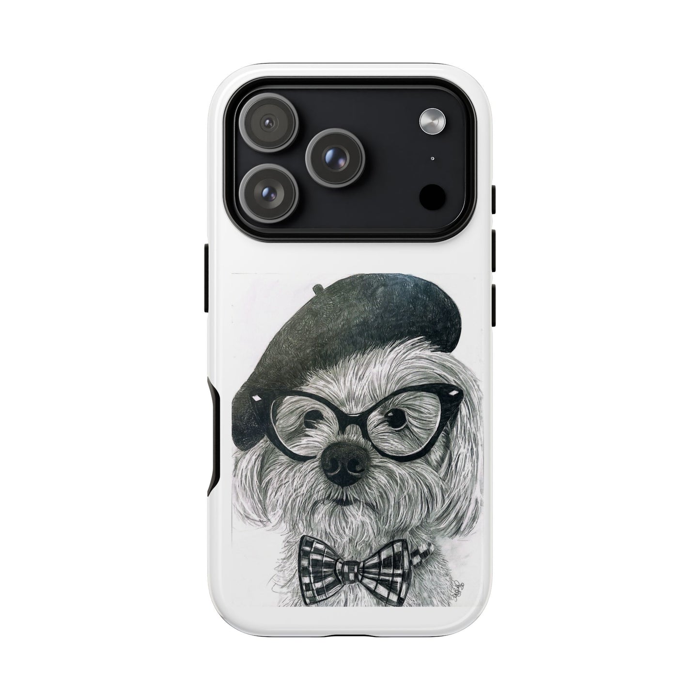 Dog Portrait Phone Case — Dexter with Beret, Glasses & Bow Tie