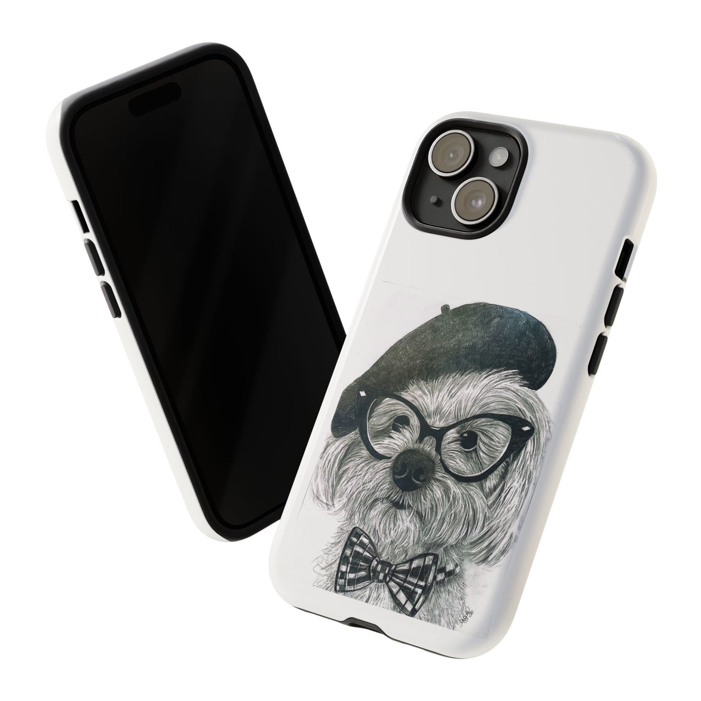 Dog Portrait Phone Case — Dexter with Beret, Glasses & Bow Tie