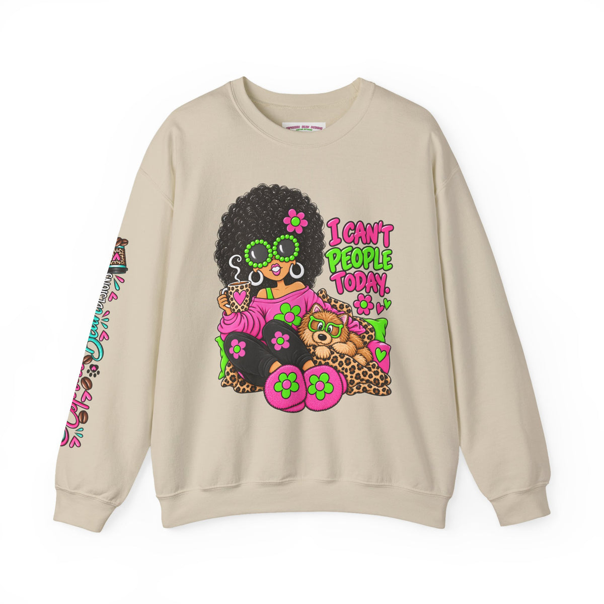 Crewneck Sweatshirt — Retro 'I Can't People Today' Girl & Leopard Graphic