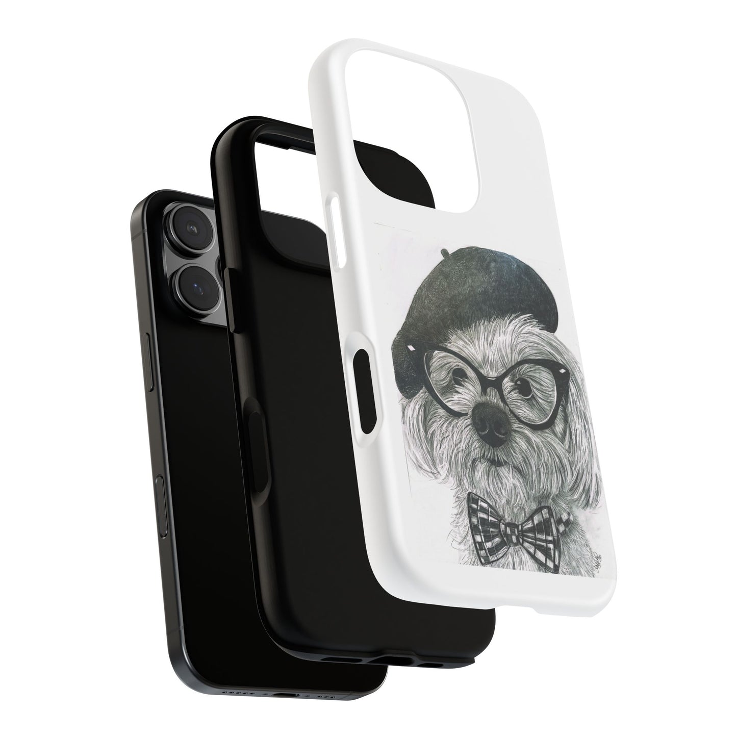 Dog Portrait Phone Case — Dexter with Beret, Glasses & Bow Tie