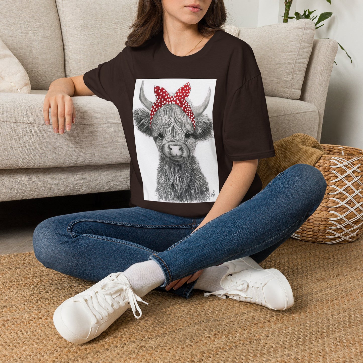 Highland Cow T-Shirt — Cute Cow Face with Red Polka Dot Bandana