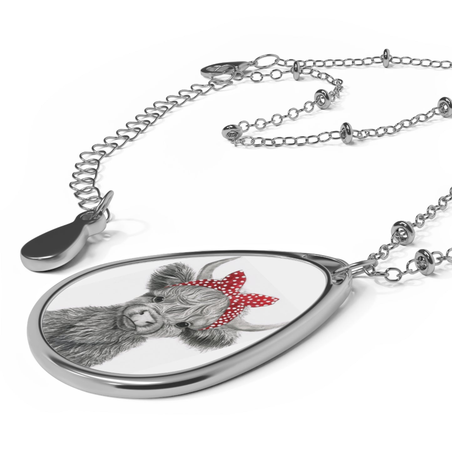 Cow Portrait Oval Necklace — Cute Highland Cow Pendant with Red Polka Dot Bow