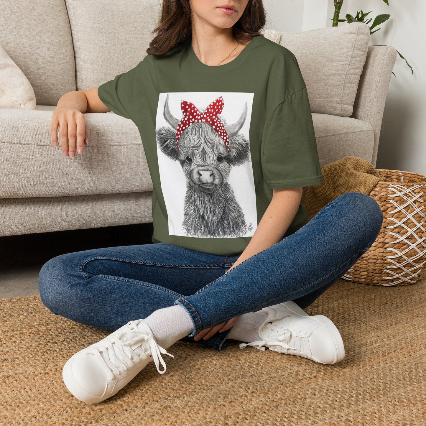 Highland Cow T-Shirt — Cute Cow Face with Red Polka Dot Bandana