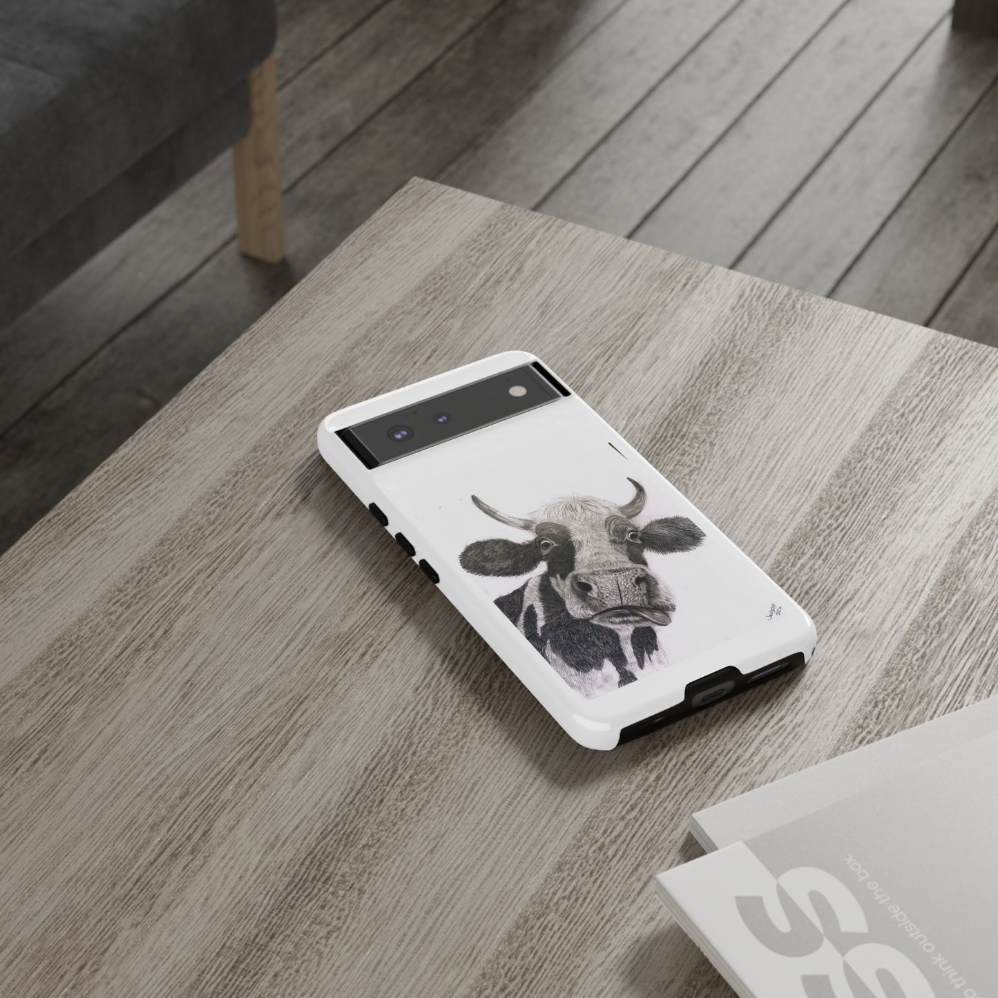 Cow Sketch Tough Phone Case — Protective iPhone Cover with Whimsical Cow Illustration