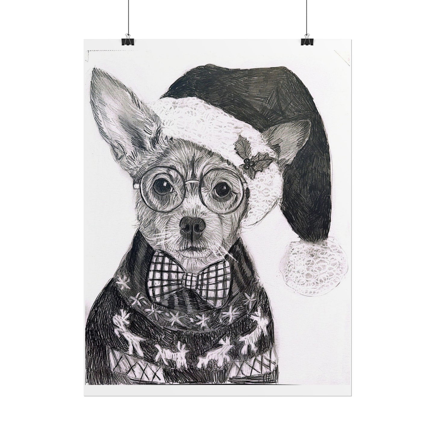 Brutus in Santa Hat Rolled Poster — Holiday Dog Art Print