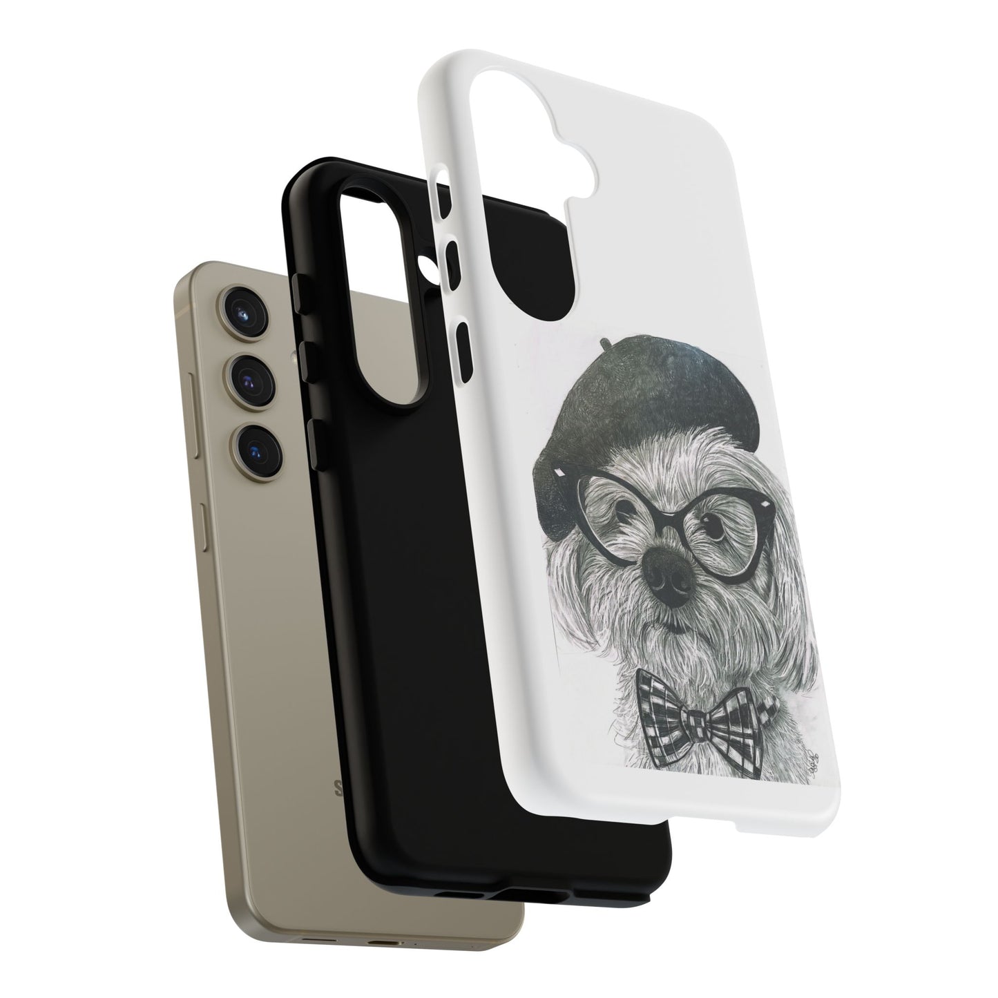 Dog Portrait Phone Case — Dexter with Beret, Glasses & Bow Tie