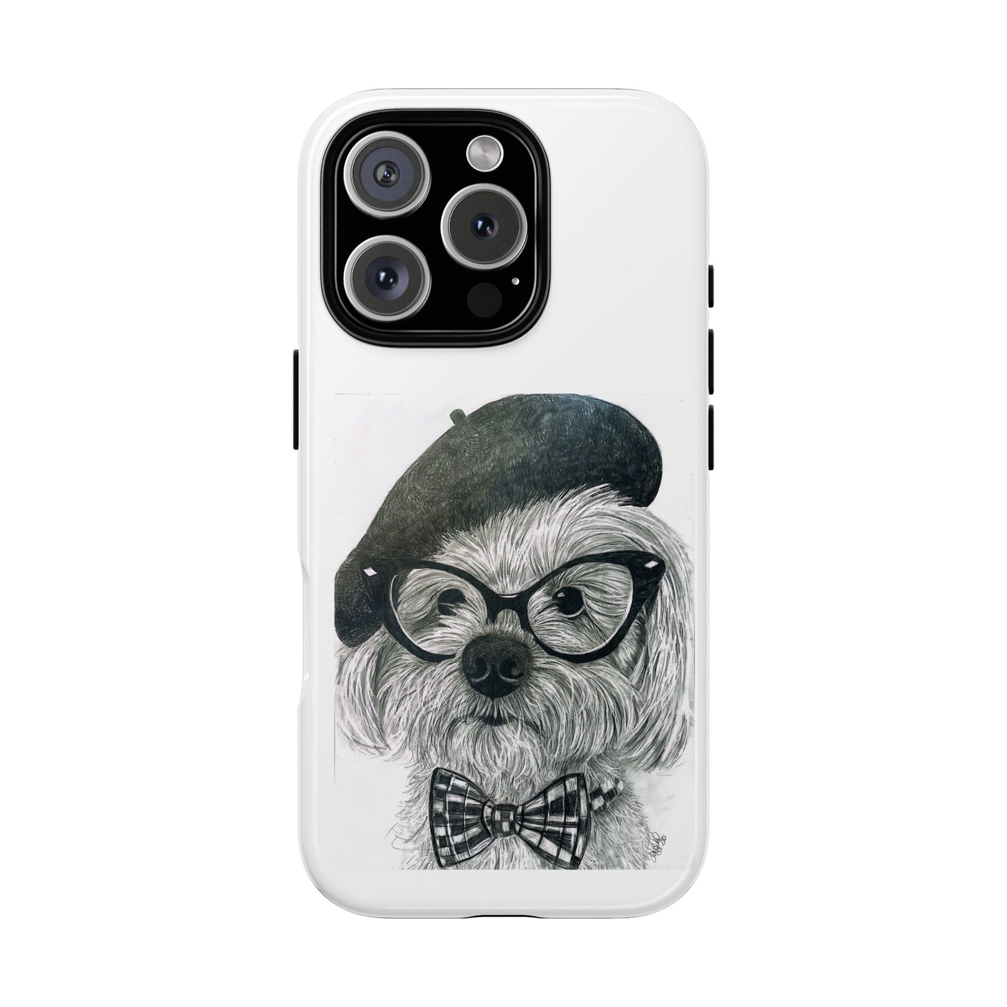 Dog Portrait Phone Case — Dexter with Beret, Glasses & Bow Tie