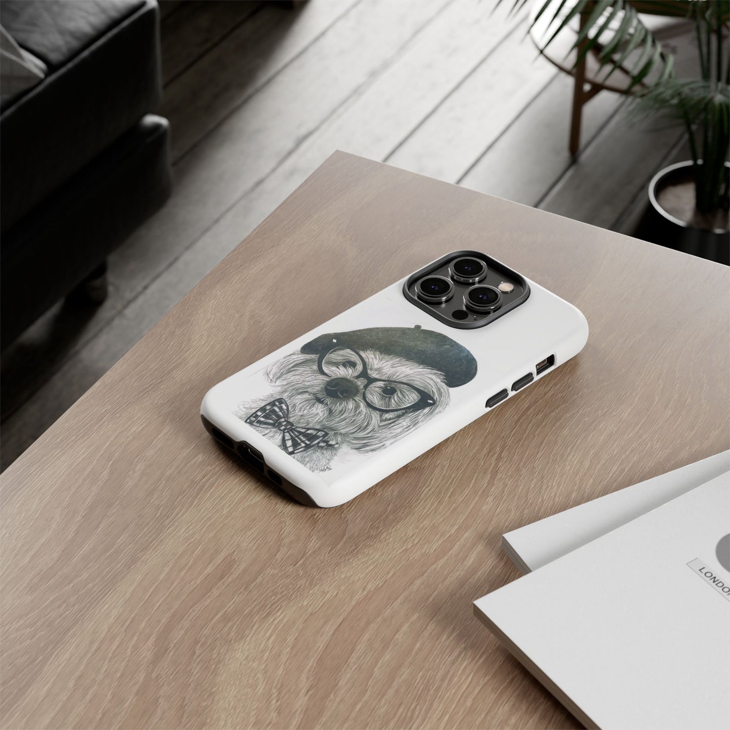 Dog Portrait Phone Case — Dexter with Beret, Glasses & Bow Tie