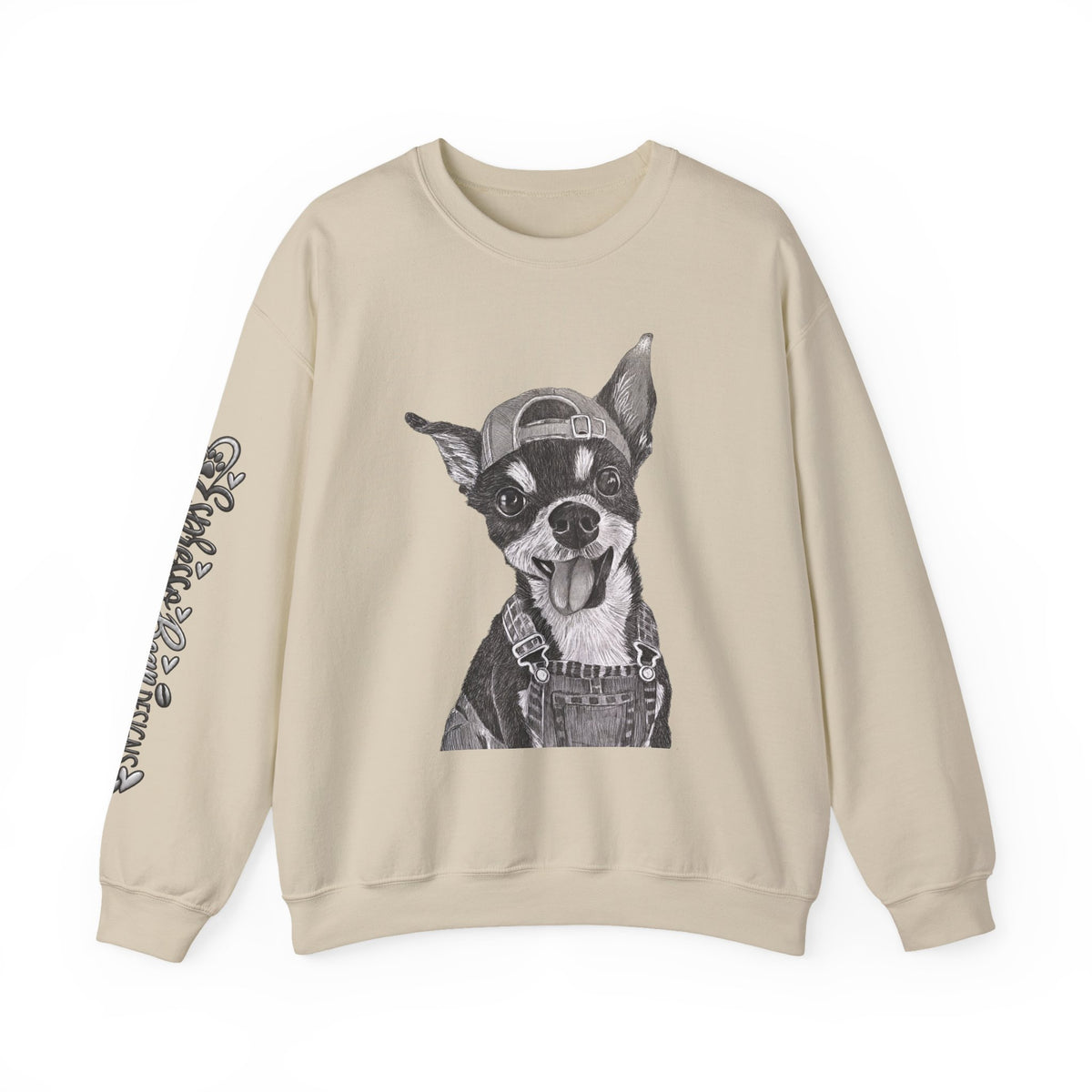 Fang Crewneck Sweatshirt — Retro Pup Graphic with Script Sleeve