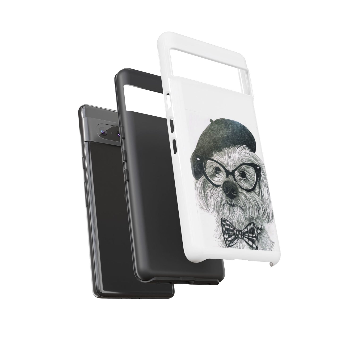 Dog Portrait Phone Case — Dexter with Beret, Glasses & Bow Tie