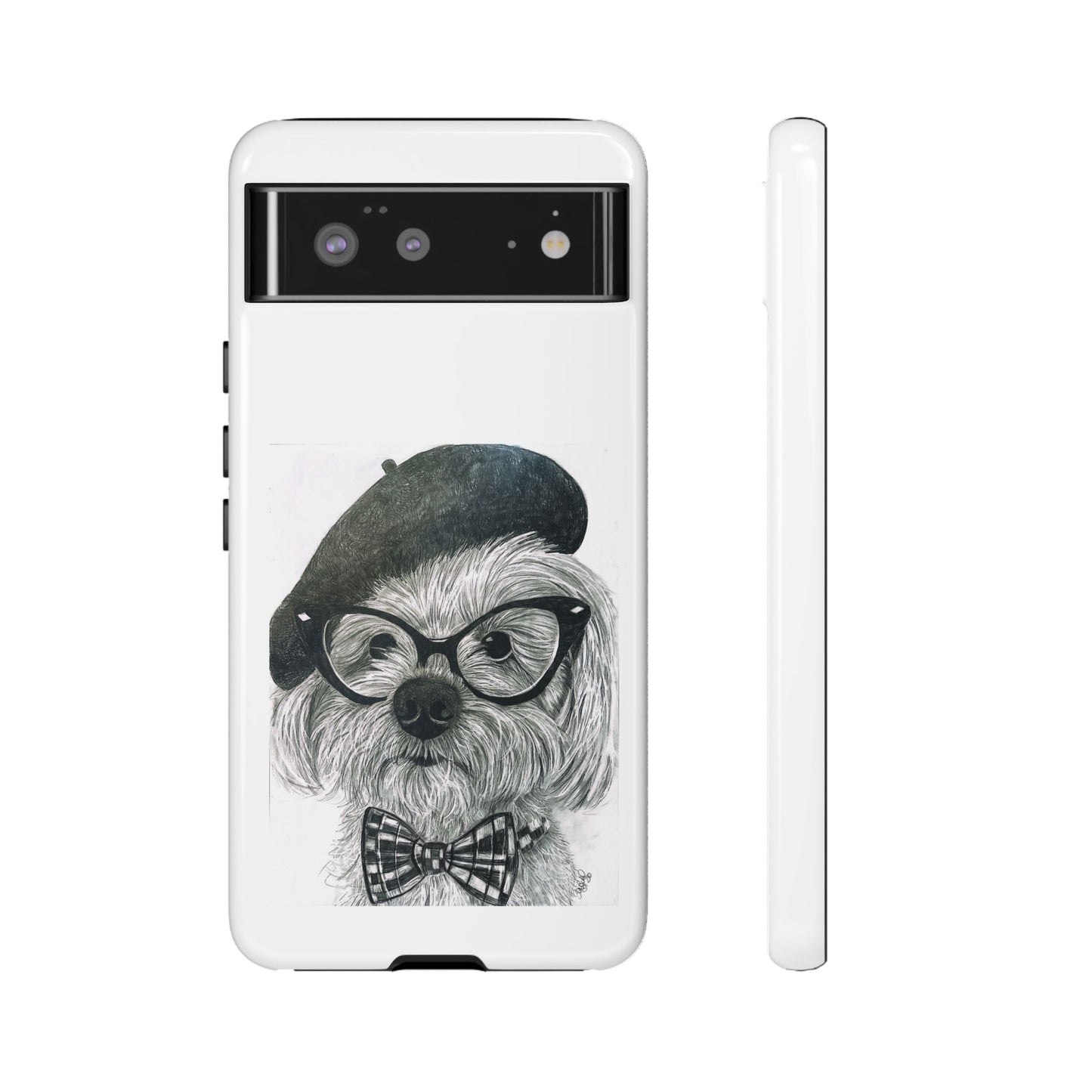 Dog Portrait Phone Case — Dexter with Beret, Glasses & Bow Tie