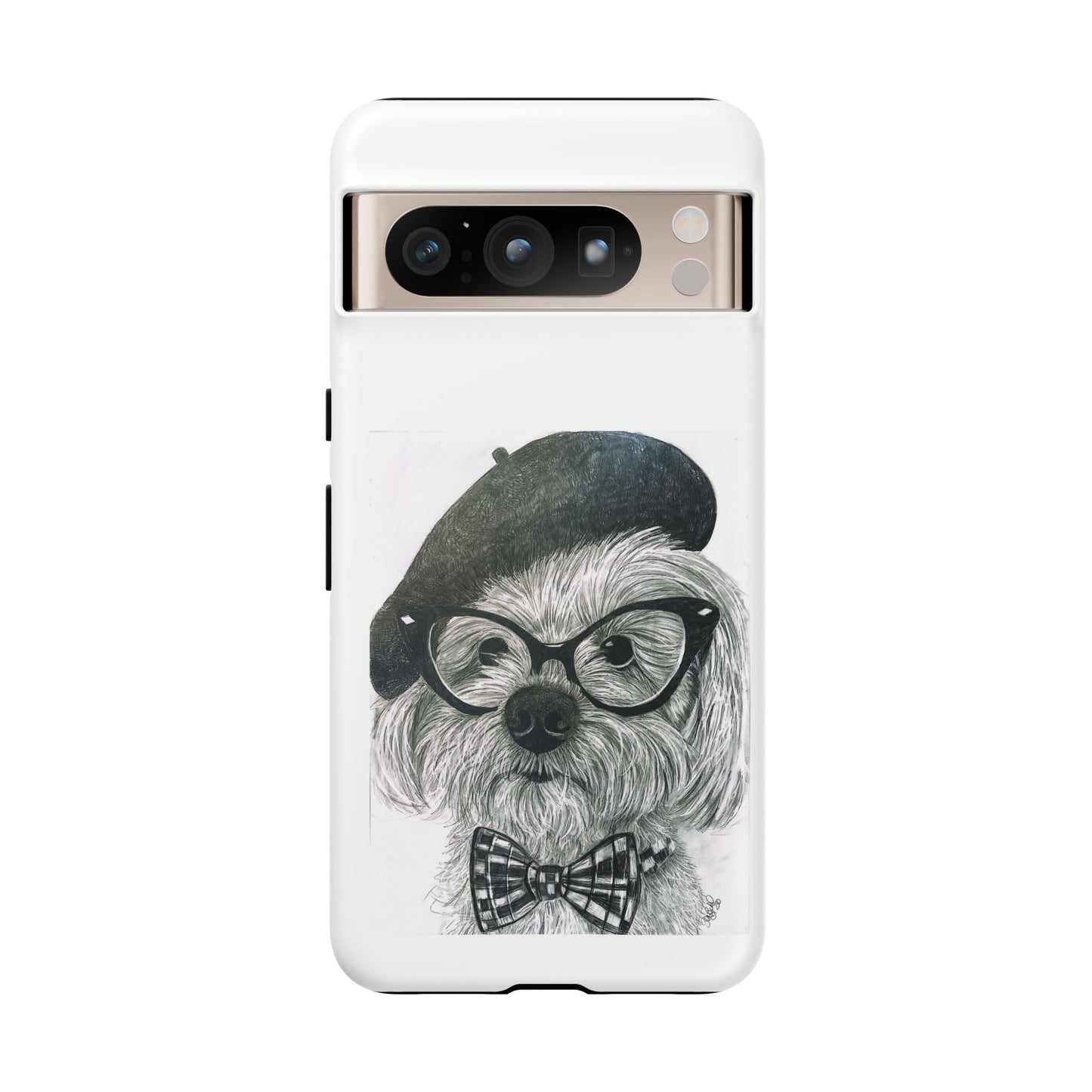 Dog Portrait Phone Case — Dexter with Beret, Glasses & Bow Tie