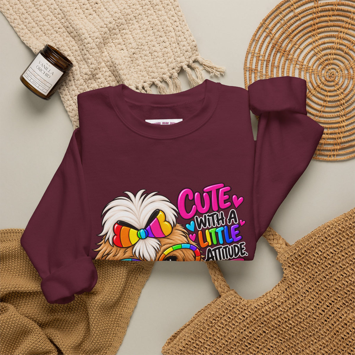 Cute Dog Crewneck Sweatshirt — "Cute With A Little Attitude" Colorful Puppy Design