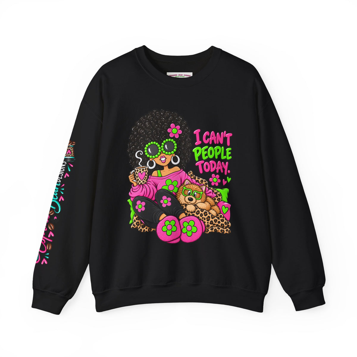 Crewneck Sweatshirt — Retro 'I Can't People Today' Girl & Leopard Graphic