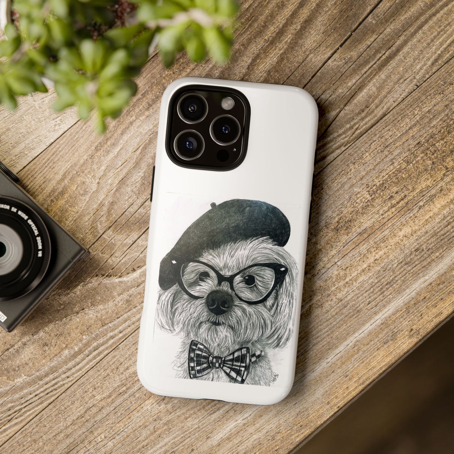 Dog Portrait Phone Case — Dexter with Beret, Glasses & Bow Tie