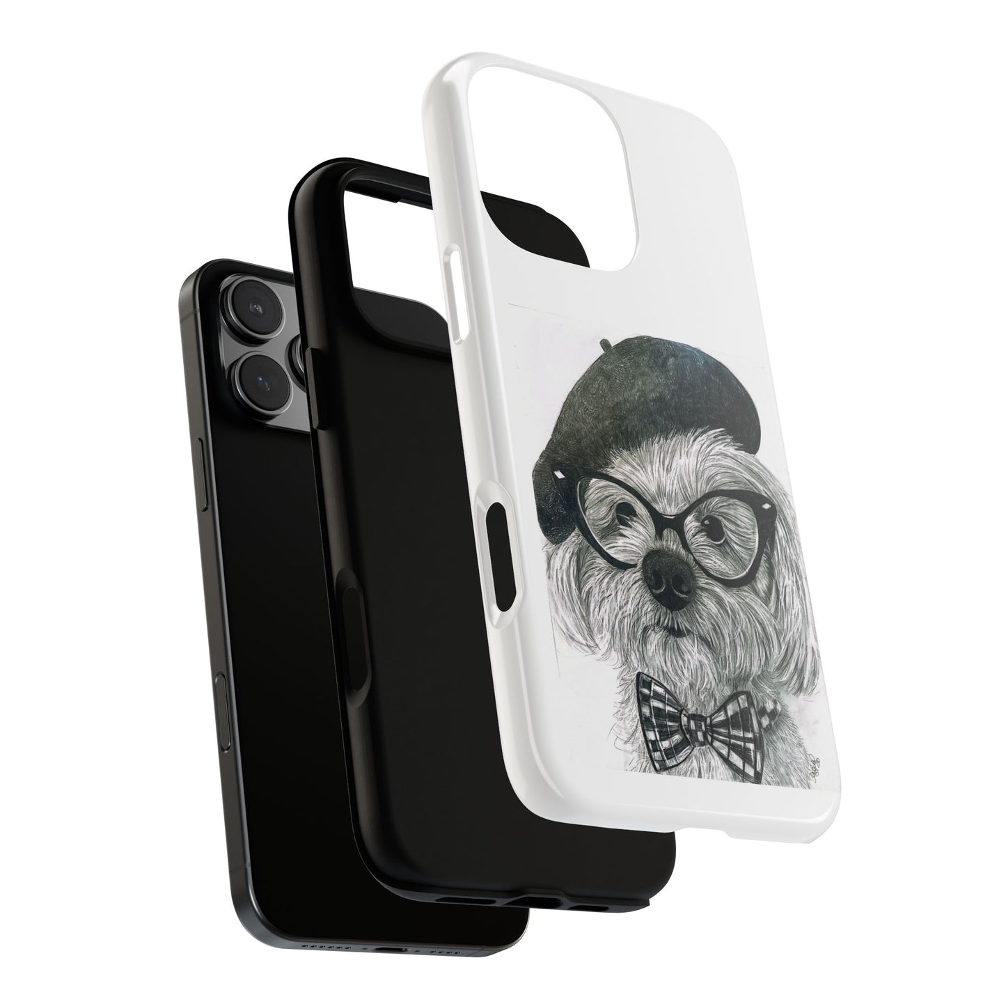 Dog Portrait Phone Case — Dexter with Beret, Glasses & Bow Tie