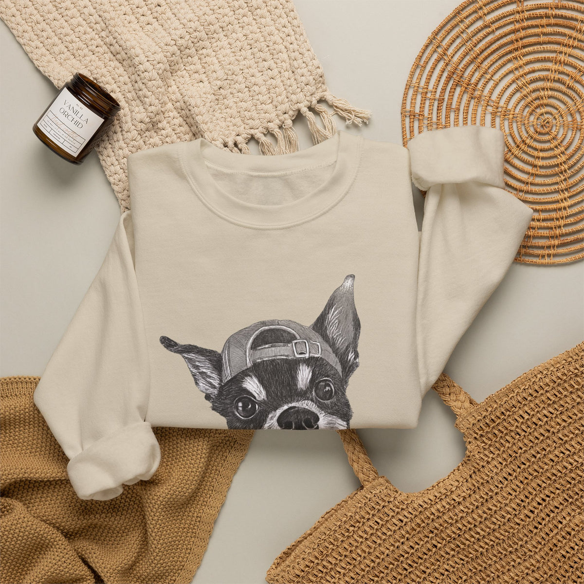 Fang Crewneck Sweatshirt — Retro Pup Graphic with Script Sleeve