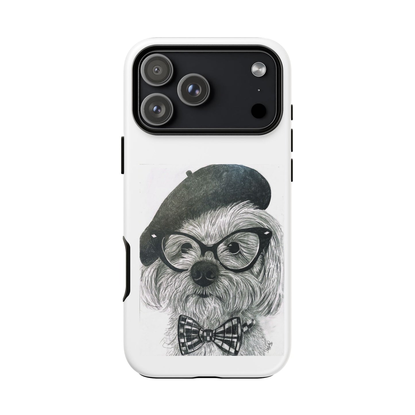 Dog Portrait Phone Case — Dexter with Beret, Glasses & Bow Tie