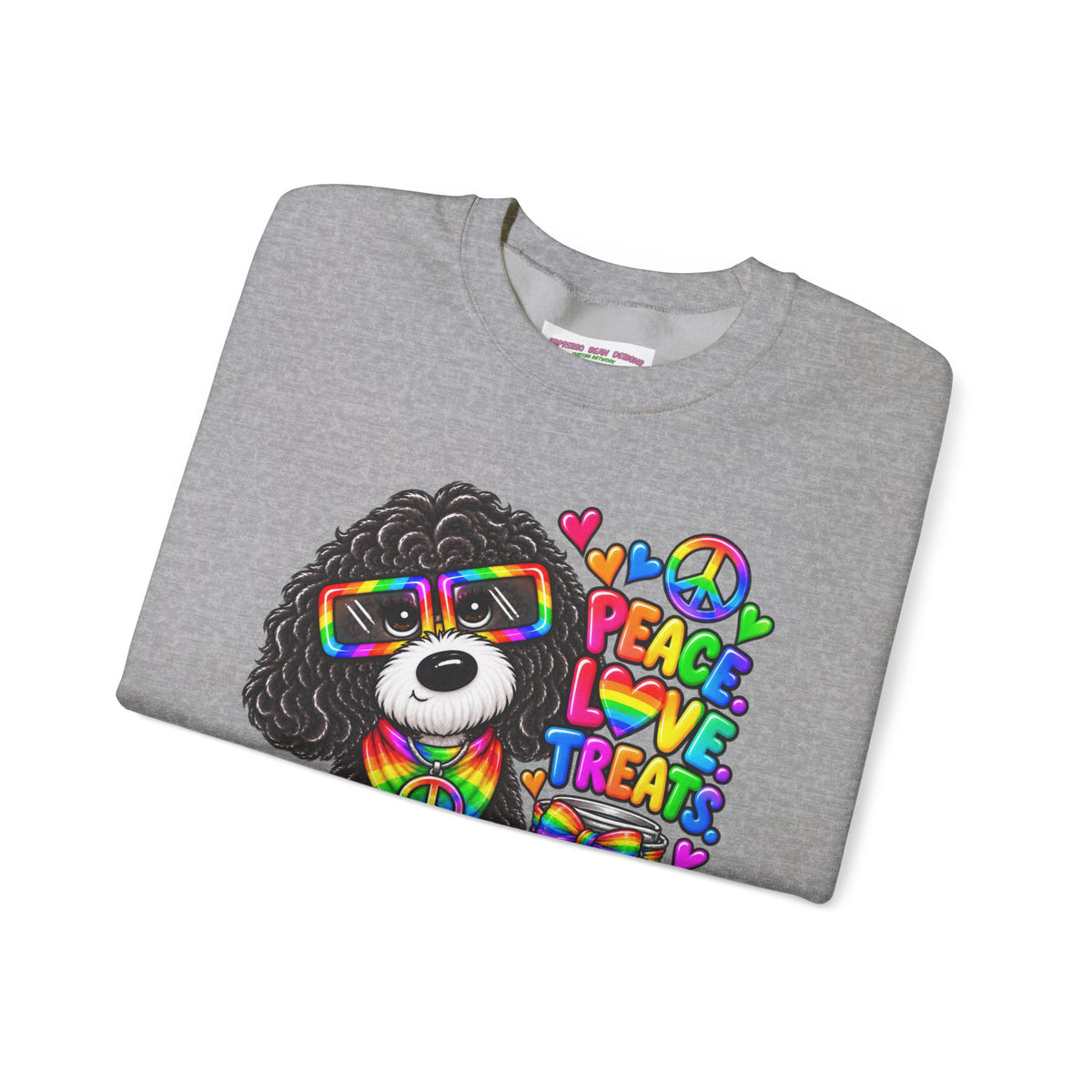 Peace, Love & Treats Dog Sweatshirt — Retro Hippie Puppy Crewneck