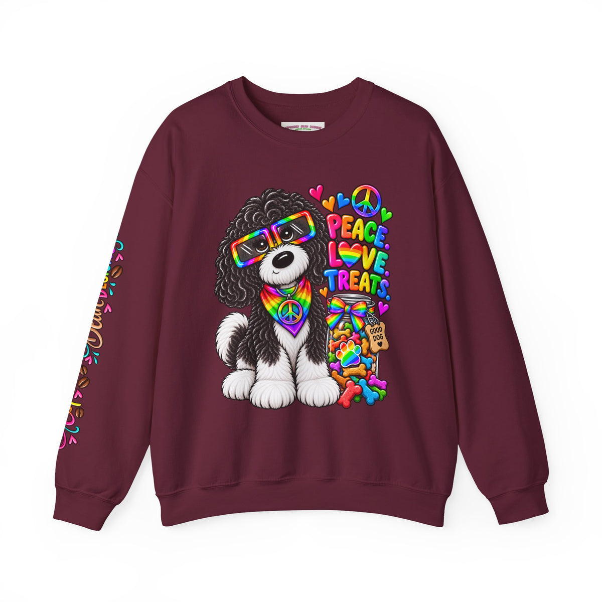 Peace, Love & Treats Dog Sweatshirt — Retro Hippie Puppy Crewneck