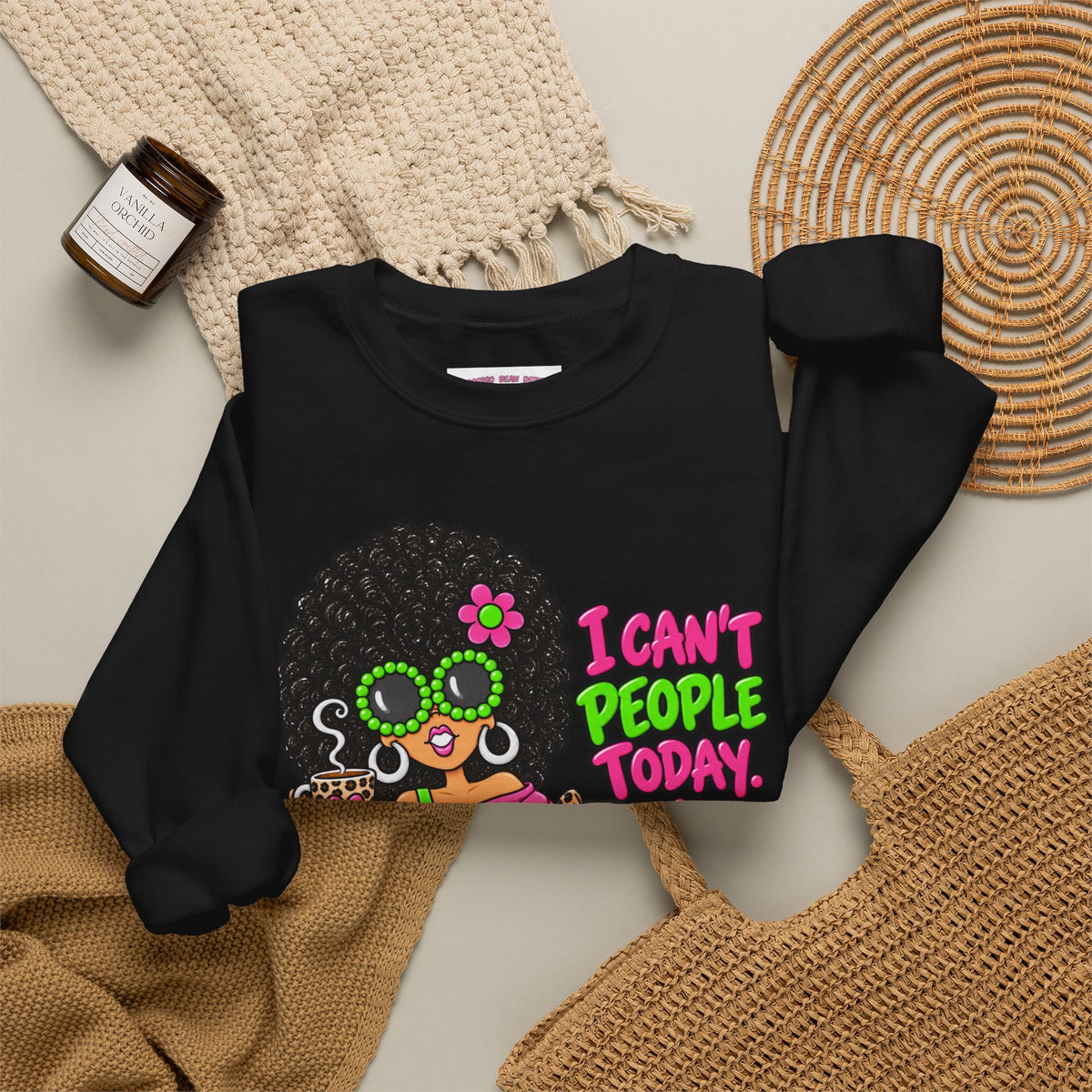 Crewneck Sweatshirt — Retro 'I Can't People Today' Girl & Leopard Graphic