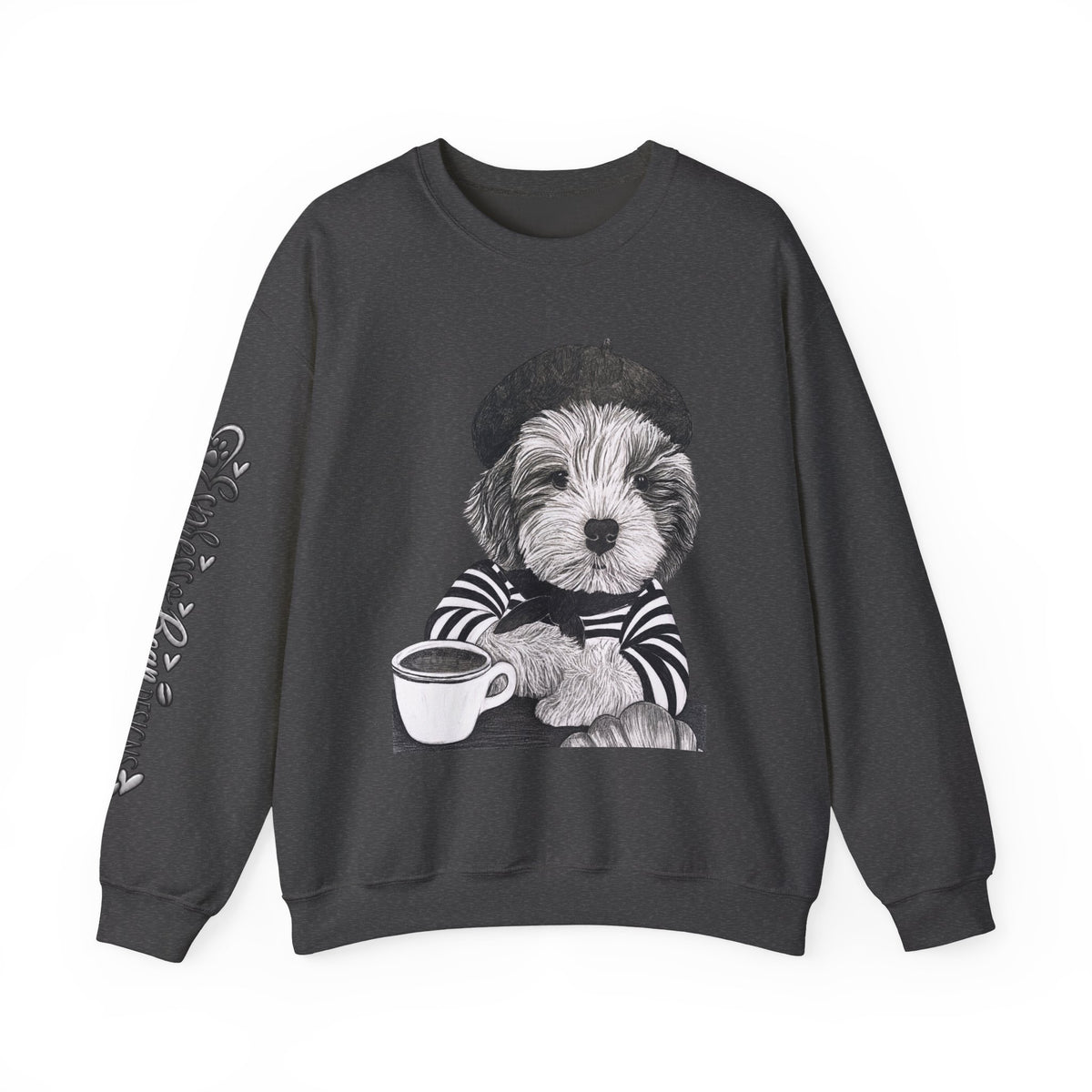 French Pup Pierre Coffee Sweatshirt — Cute Puppy in Beret Graphic Crewneck