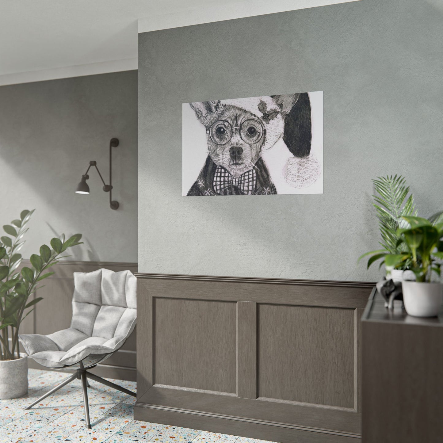 Brutus in Santa Hat Rolled Poster — Holiday Dog Art Print
