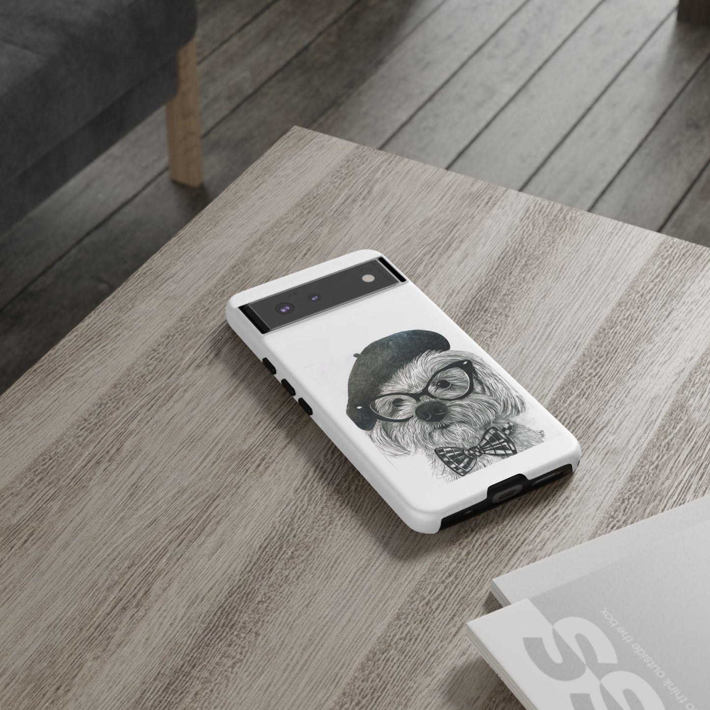 Dog Portrait Phone Case — Dexter with Beret, Glasses & Bow Tie