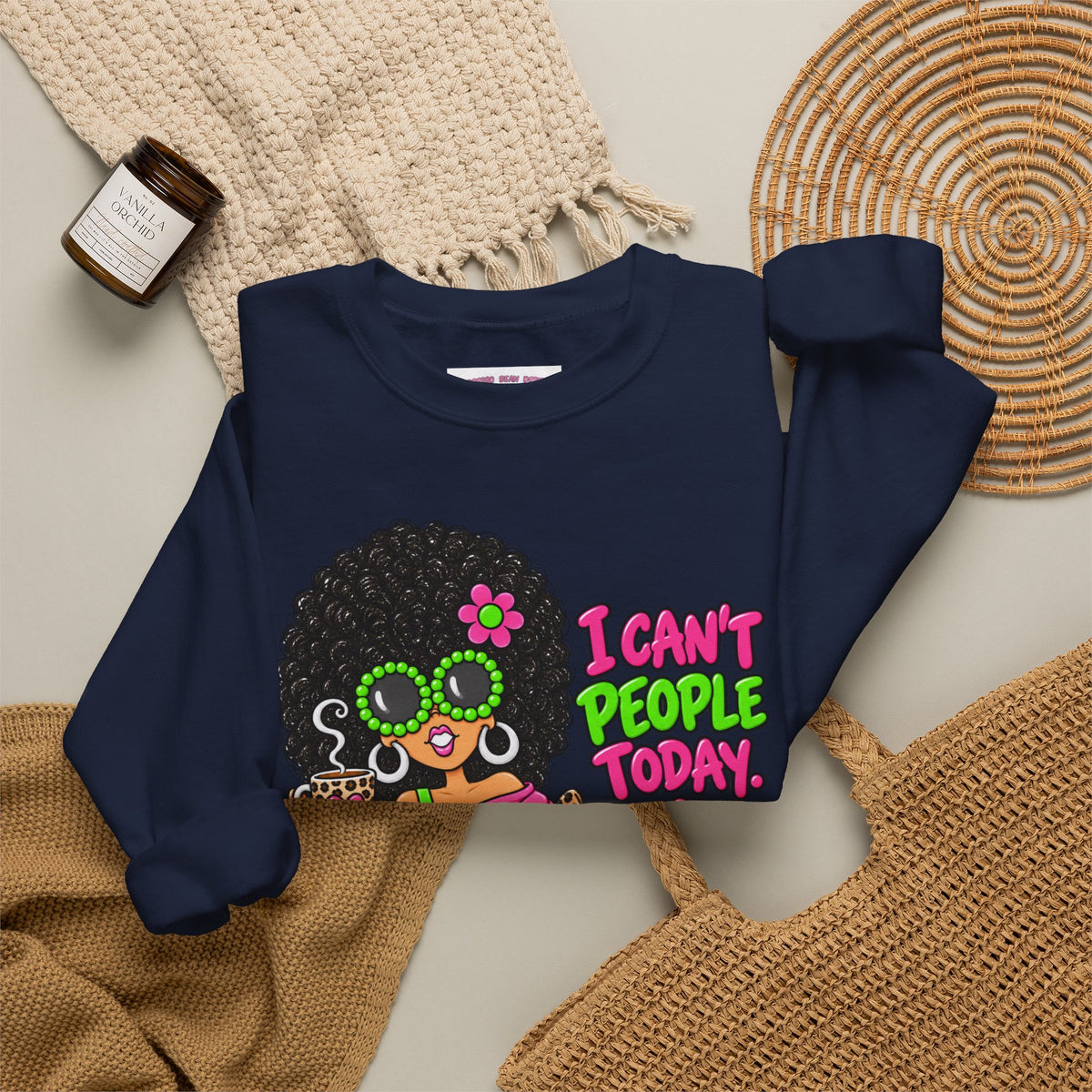 Crewneck Sweatshirt — Retro 'I Can't People Today' Girl & Leopard Graphic