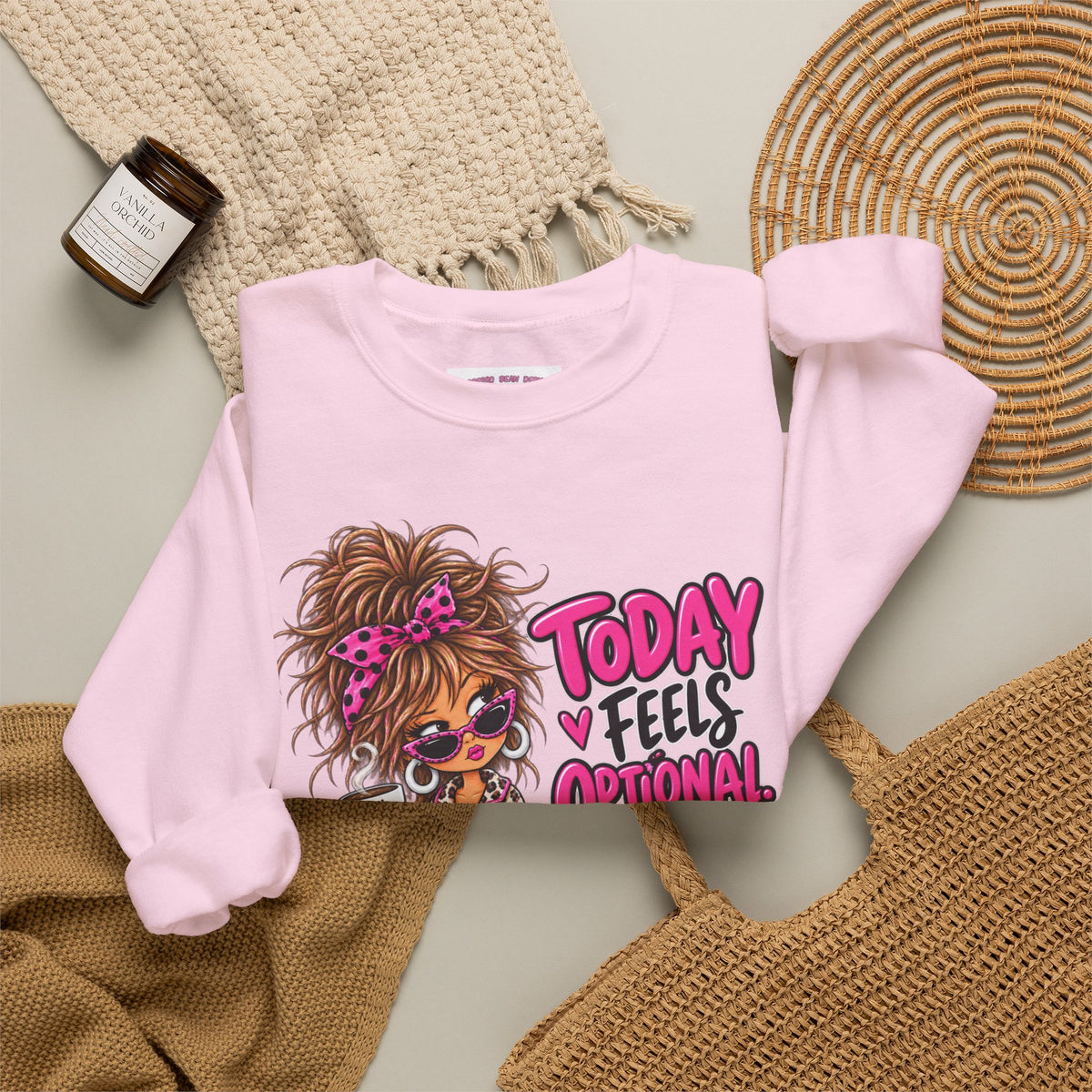 Crewneck Sweatshirt — "Today I Feel Optional" Cute Leopard Girl Graphic