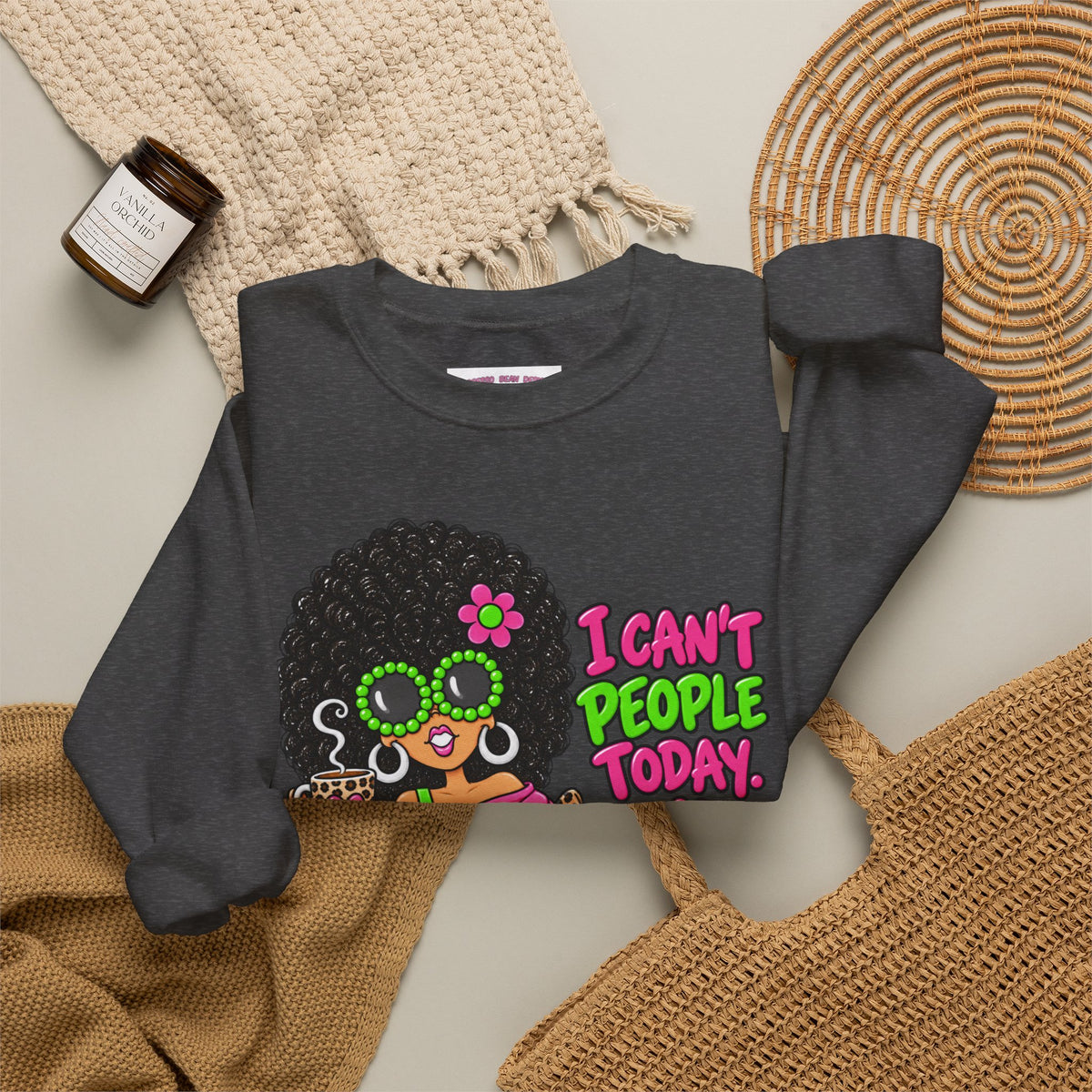 Crewneck Sweatshirt — Retro 'I Can't People Today' Girl & Leopard Graphic