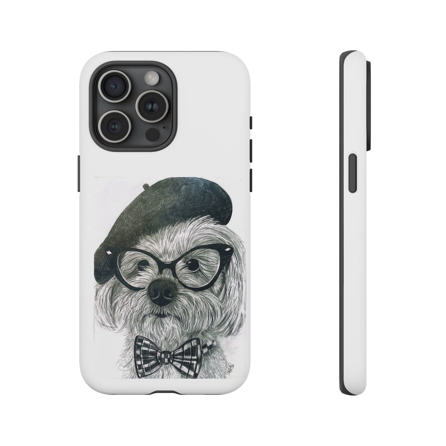 Dog Portrait Phone Case — Dexter with Beret, Glasses & Bow Tie