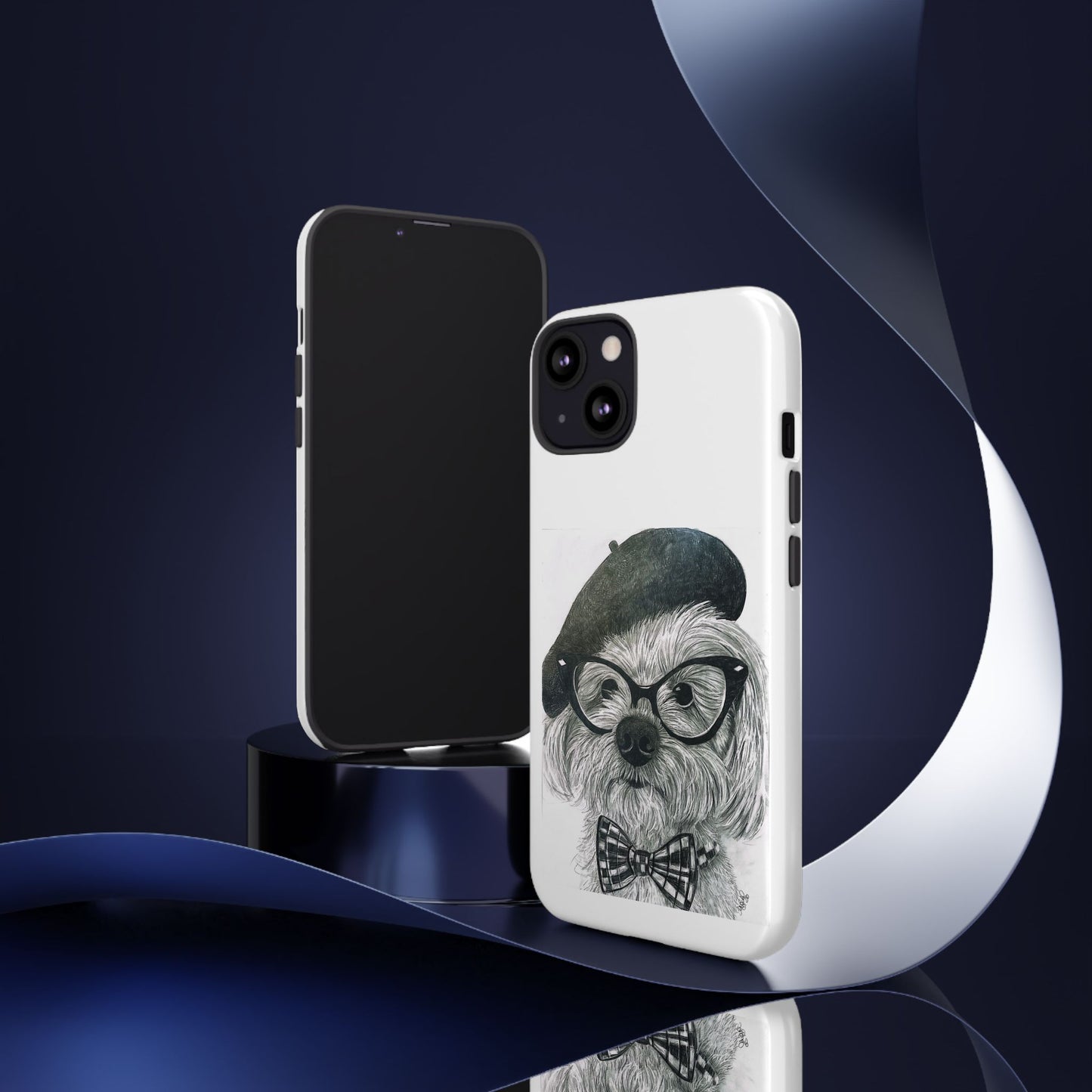 Dog Portrait Phone Case — Dexter with Beret, Glasses & Bow Tie