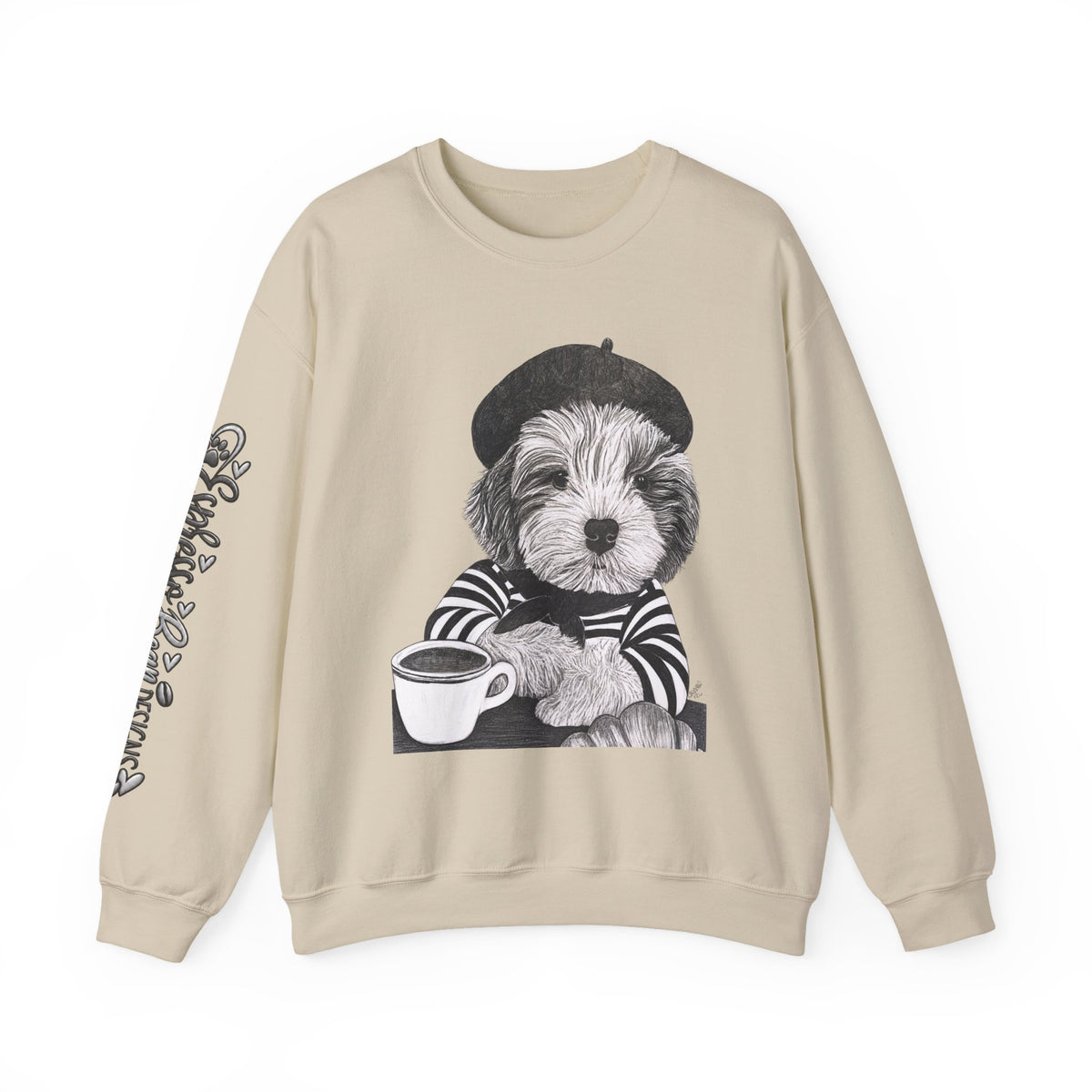 French Pup Pierre Coffee Sweatshirt — Cute Puppy in Beret Graphic Crewneck