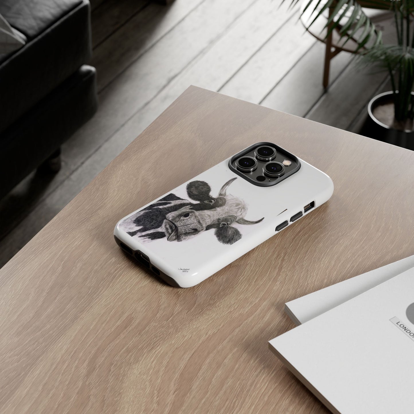 Cow Sketch Tough Phone Case — Protective iPhone Cover with Whimsical Cow Illustration